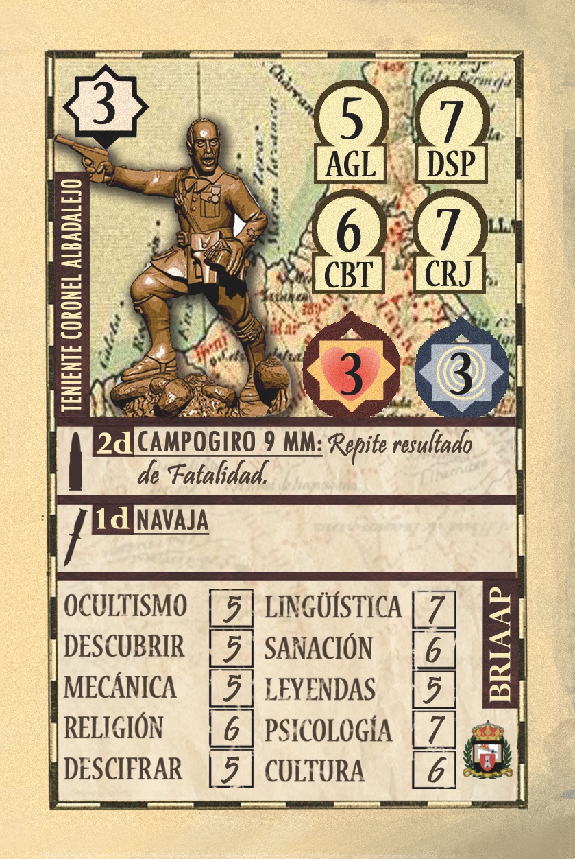 03 Coronel Albadalejo Imprenta carta de Personaje del juego Baraka Pulp del Teniente Coronel Albadalejo