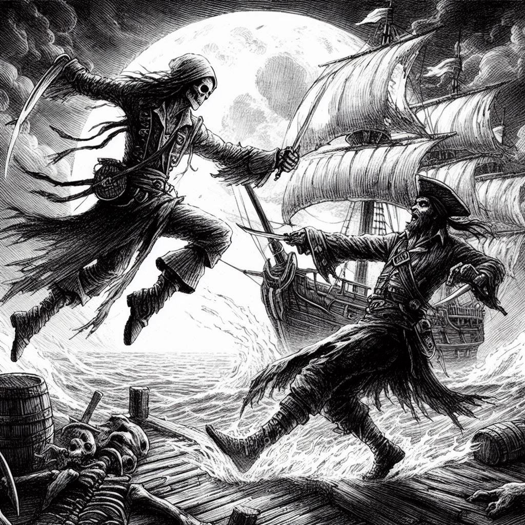 un pirata combatiendo en el muelle contra un pirata esqueleto mientras que al fondo se ve un barco fantasma