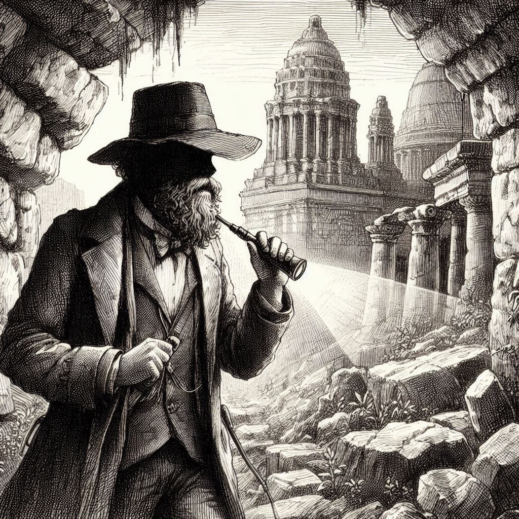Un explorador en las ruinas de una antigua ciudad alumbrando con una linterna