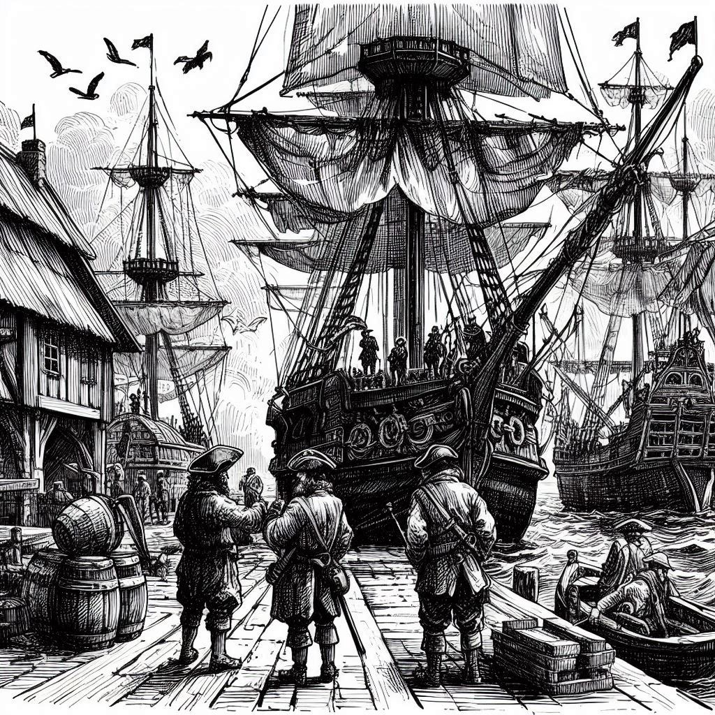piratas en un muelle en el que hay atracados varios barcos piratas