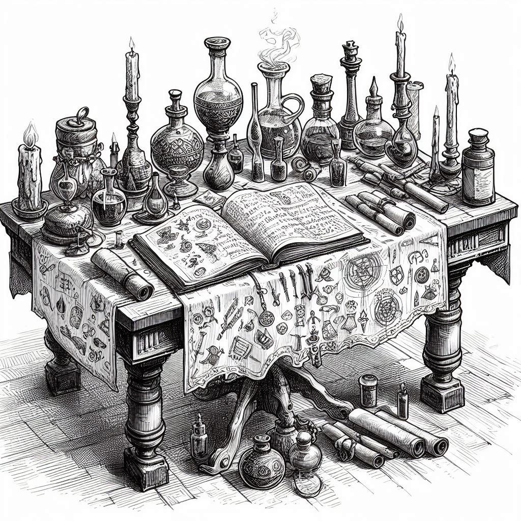 mesa de hechicero llena de velas, pociones, ingredientes mágicos, pergaminos y un libro de conjuros