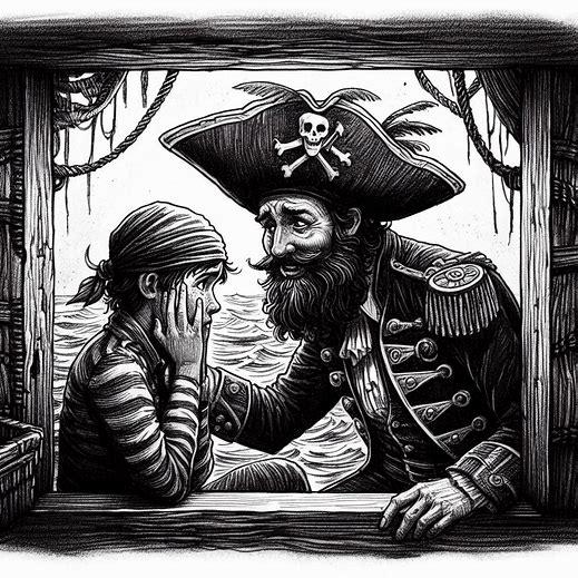 un pirata tranquilizando a un grumete que está asustado