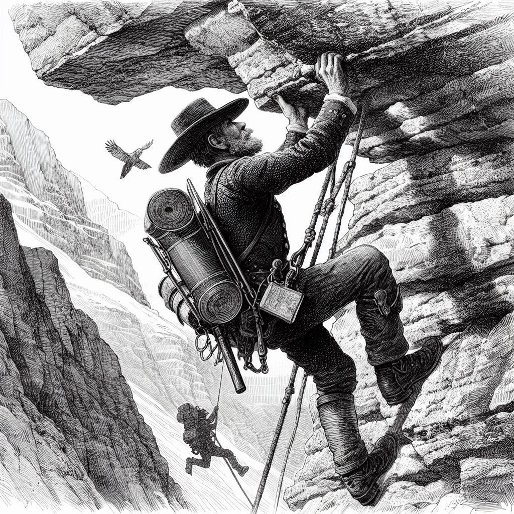 explorador del siglo XIX escalando una montaña