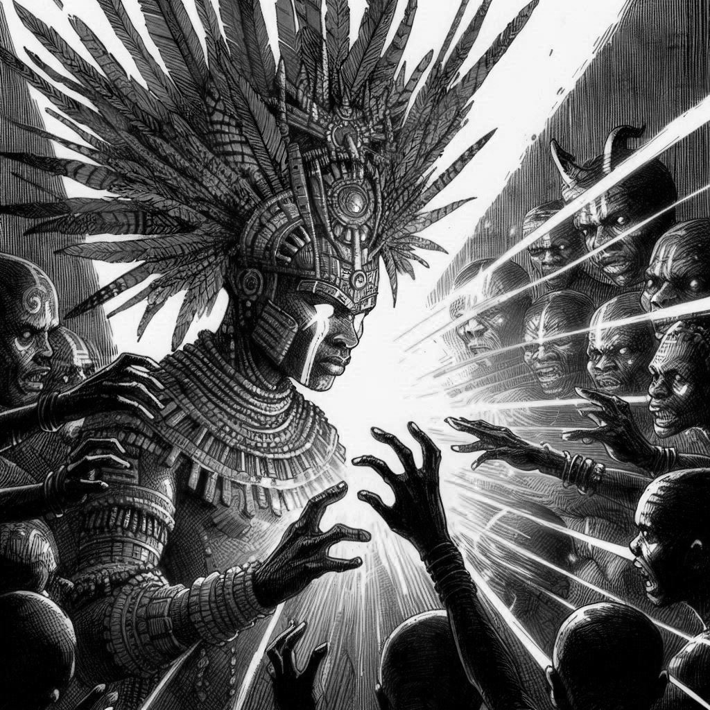 hechicero africano despidiendo un poder que hace que los que le rodean no le puedan tocar o hacer nada